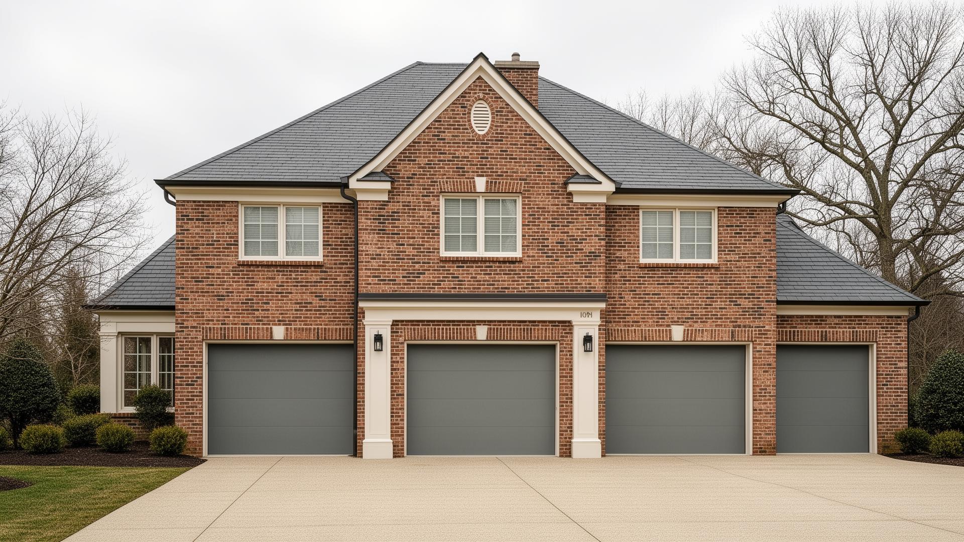 Modern minimalist flush panel garage doors on elegant colonial home with brick facade